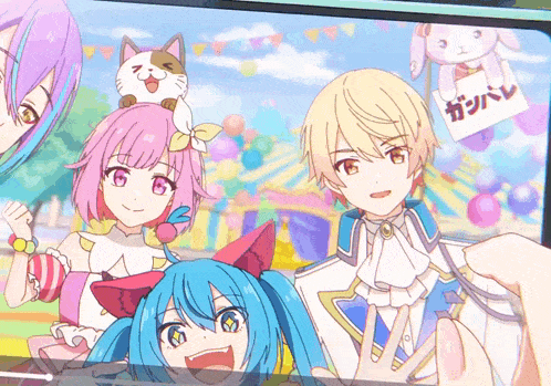 a group of anime characters are posing for a picture with a sign that says ' ガンバレ ' on it