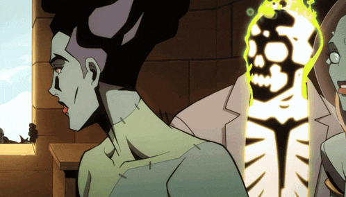 a cartoon drawing of a skeleton with a glowing head