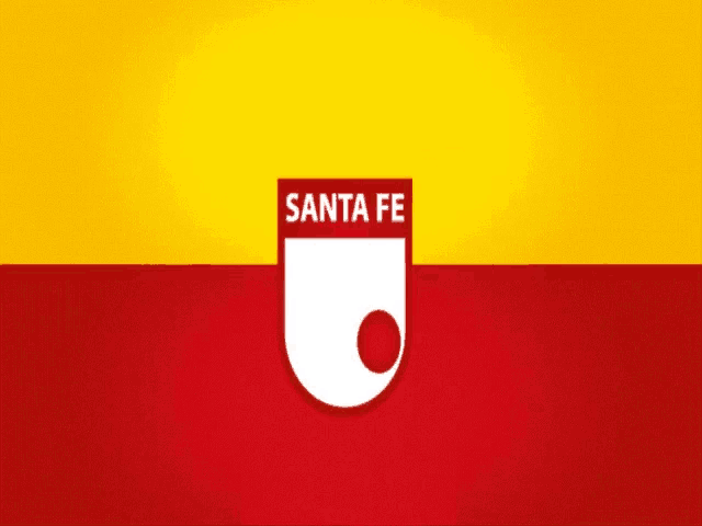 a red and yellow background with a shield that says san fe on it