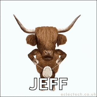 a cow with long horns is wearing a kilt and the name jeff is on the bottom of the image .