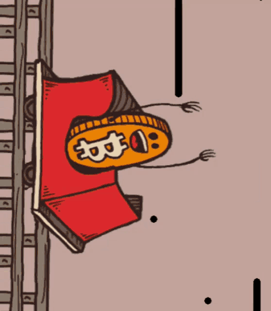 a cartoon drawing of a roller coaster with a coin with the word bitcoin on it