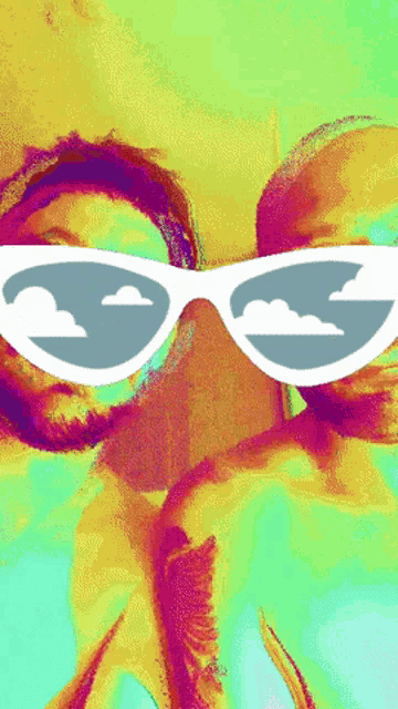 a man and a woman wearing sunglasses with clouds in them