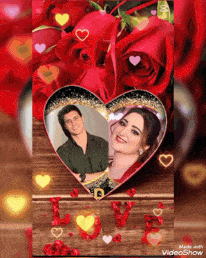 a picture of a man and a woman in a heart shaped frame with the word love on the bottom