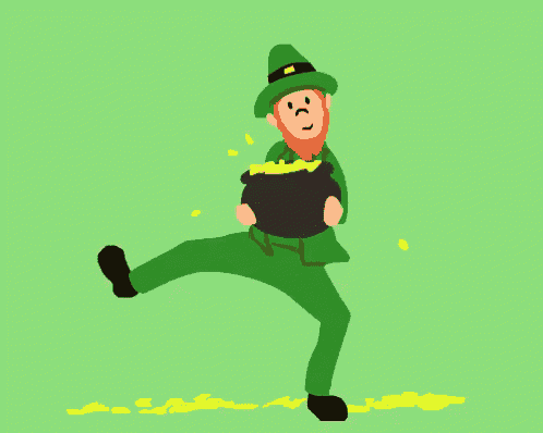 a leprechaun is holding a pot of gold and dancing