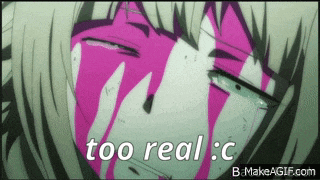 a gif of a girl crying with the words too real