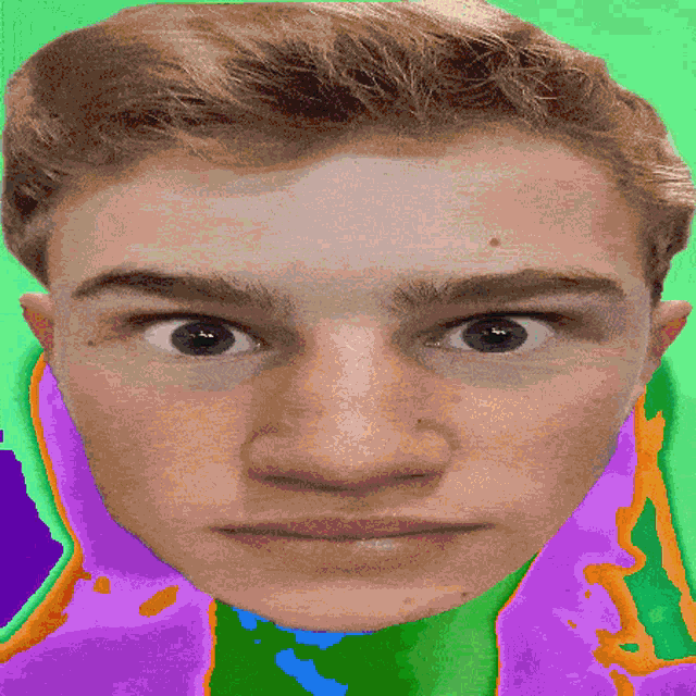 a close up of a man 's face with a purple and green background