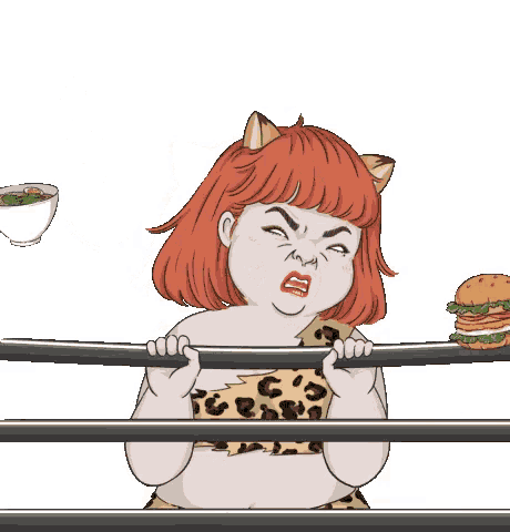 a cartoon of a woman holding a bar with a hamburger and cupcakes behind her
