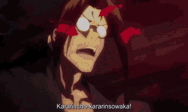 a close up of a person 's face with the words " kararincho-kararinsowaka " on the bottom