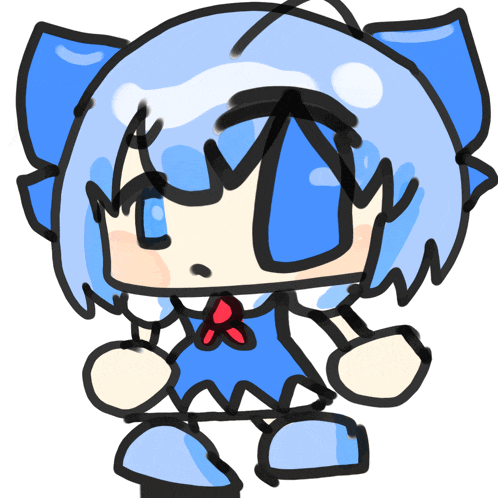 a cartoon drawing of a girl with blue hair and a red bow