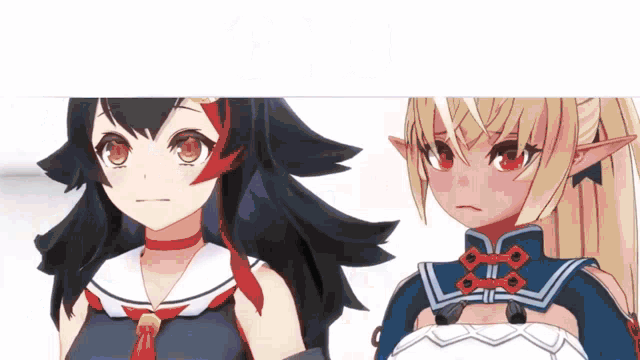 two anime girls are standing next to each other and looking at something