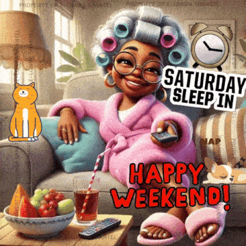 a cartoon of a woman sitting on a couch with saturday sleep in happy weekend written on it