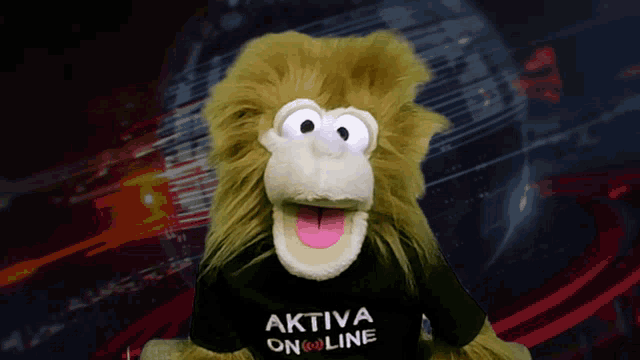 a stuffed animal is wearing a black shirt that says aktiva on line