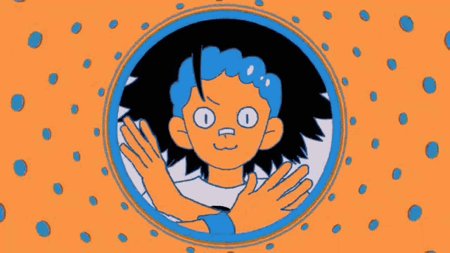 a cartoon of a person with blue hair looking out of a hole in the ground .