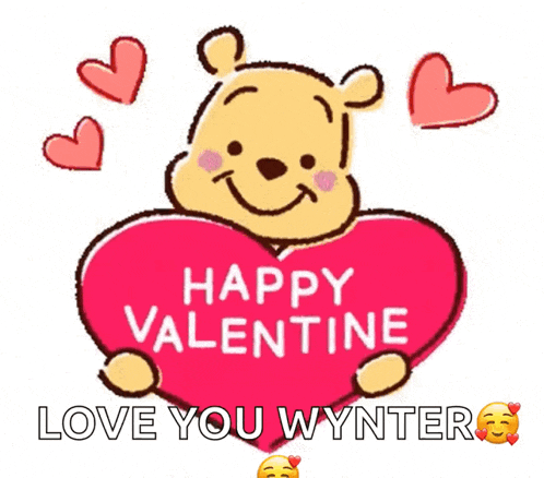 a winnie the pooh holding a heart that says happy valentine