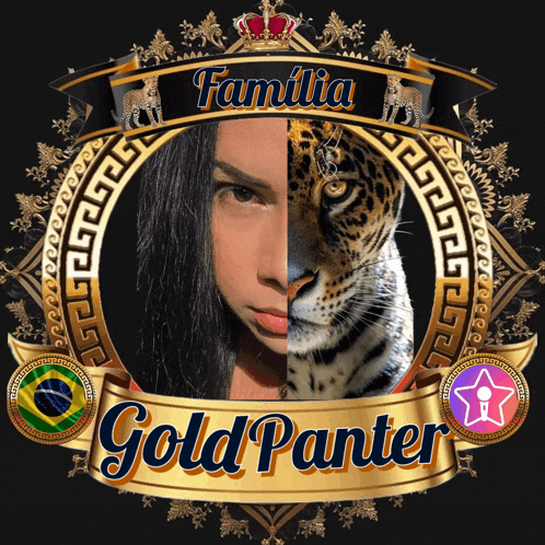 a picture of a woman and a leopard with the words familia gold panter