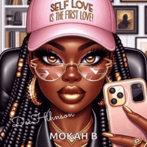 a cartoon of a woman wearing a pink hat that says self love is the first love