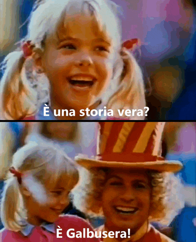 a little girl is smiling next to a man wearing a top hat with the words e galbusera written on the bottom