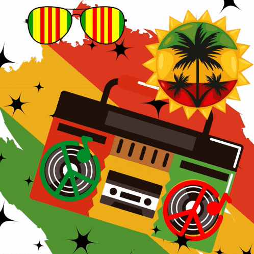 a colorful illustration of a boombox with sunglasses and a palm tree