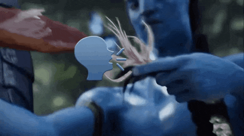 a close up of a person 's face with a blue head icon