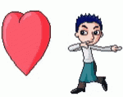 a pixel art of a boy running next to a red heart