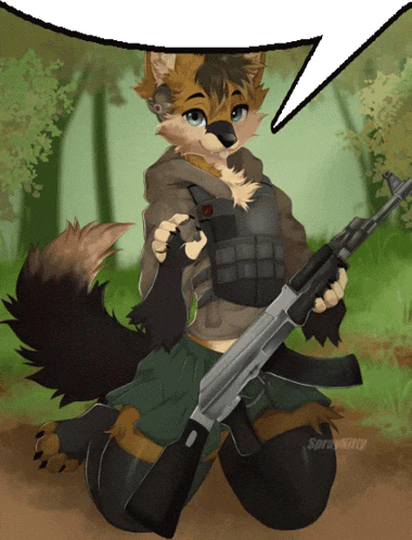 a furry character is holding a gun and has a speech bubble above his head