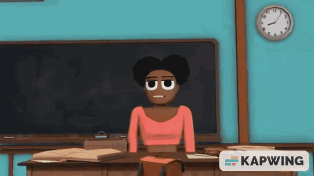 a woman sits at a desk in front of a blackboard with a kapwing logo