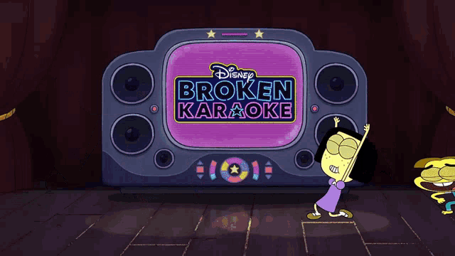a group of cartoon characters are dancing in front of a broken karaoke screen