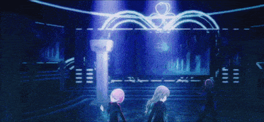 three anime girls are standing in front of a stage with a glowing heart in the middle