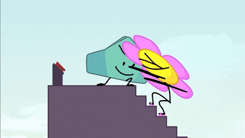 a cartoon character is standing on a set of stairs holding a flower