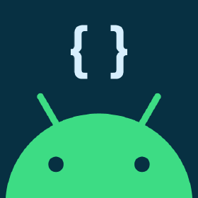 a green android with brackets above it on a dark background