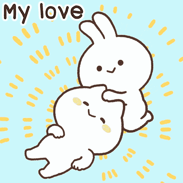 a cartoon of two rabbits with the words " my love " on the bottom