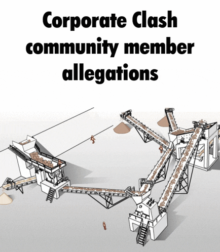 a corporate clash community member allegations poster with a drawing of conveyor belts