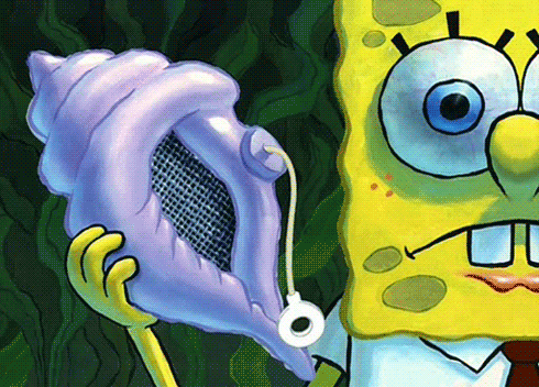a cartoon of spongebob holding a seashell with a needle sticking out of it