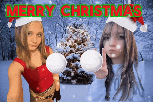 two girls wearing santa hats with the words merry christmas written above them