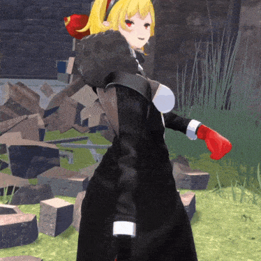 a girl in a black dress and red gloves