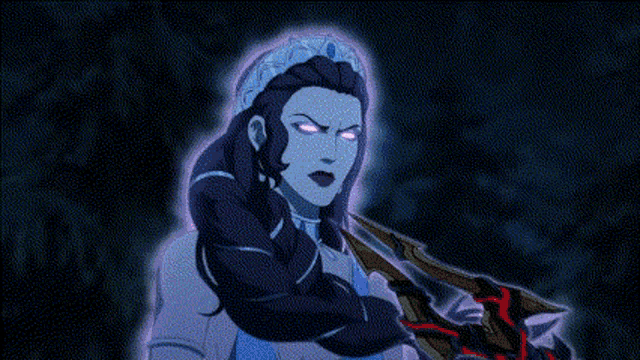 a cartoon character with long hair and red eyes is standing in a rocky area