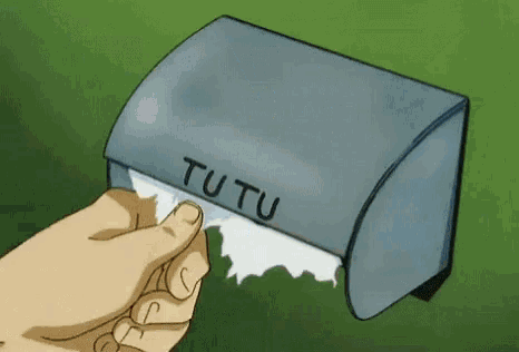 a hand is pulling a roll of toilet paper out of a tutu toilet paper dispenser .