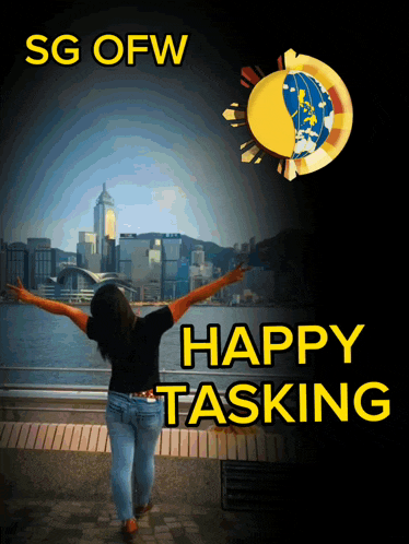 a woman stands in front of a city with her arms outstretched and the words happy tasking below her