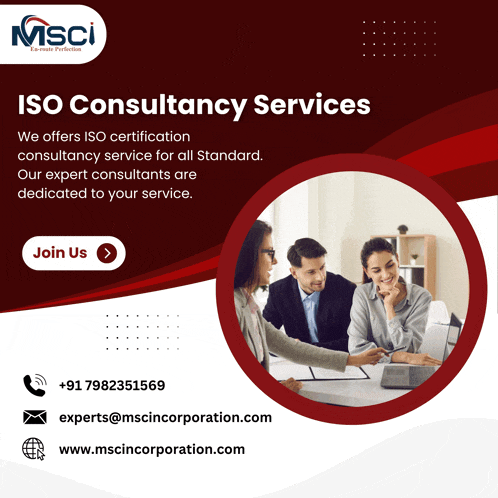 an advertisement for msci iso consultancy services offers iso certification consultancy service for all standard our expert consultants are dedicated to your service