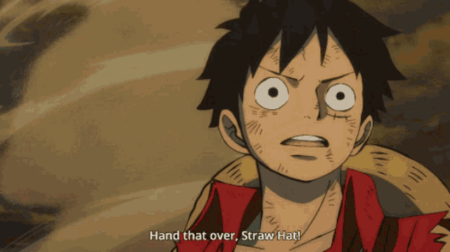 a cartoon character with the words hand that over straw hat