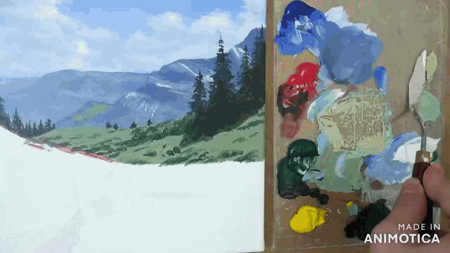 a painting of a mountain landscape is being made in animatica