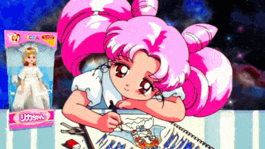 a little girl with pink hair is drawing on a piece of paper next to a box that says licca