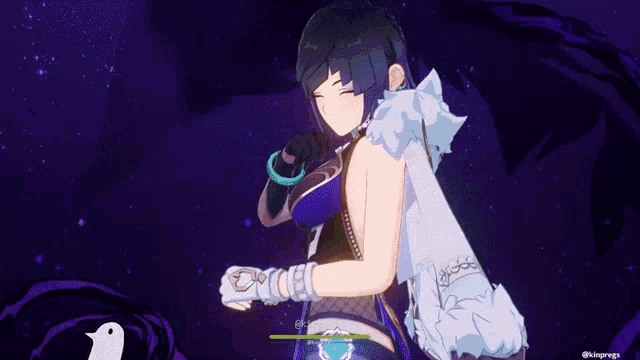 a girl in a purple outfit is standing in front of a bird
