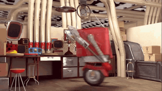 a cartoon drawing of a red scooter in a room with pipes and boxes
