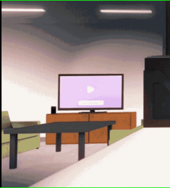 a living room with a flat screen tv and a purple screen