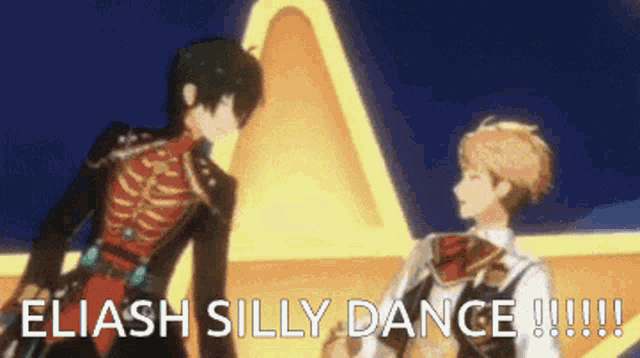 two anime characters standing next to each other with the words eliash silly dance