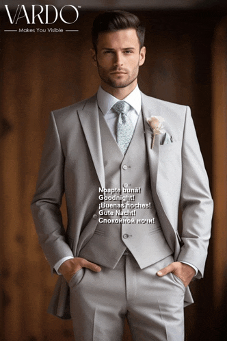 a man in a suit with vardo on the bottom right