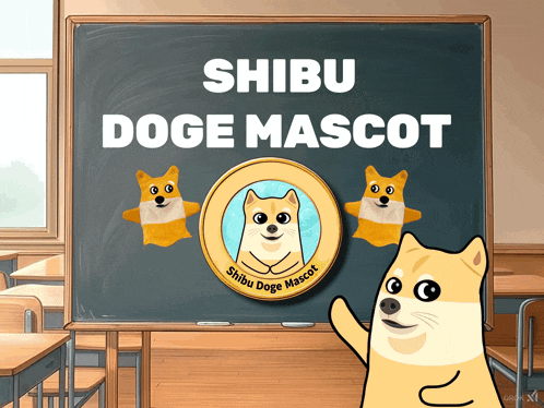 a doge mascot is standing in front of a blackboard that says shibu doge mascot