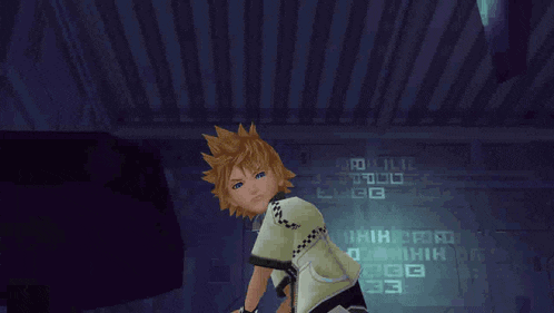 a cartoon character is standing in a dark room with a lightning bolt behind him