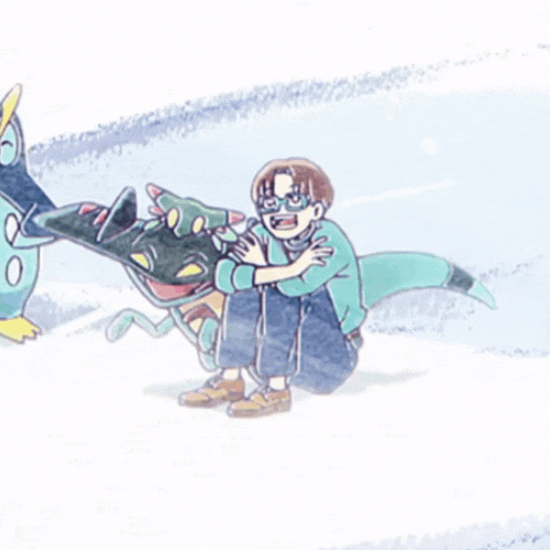 a cartoon drawing of a man kneeling down next to a dinosaur